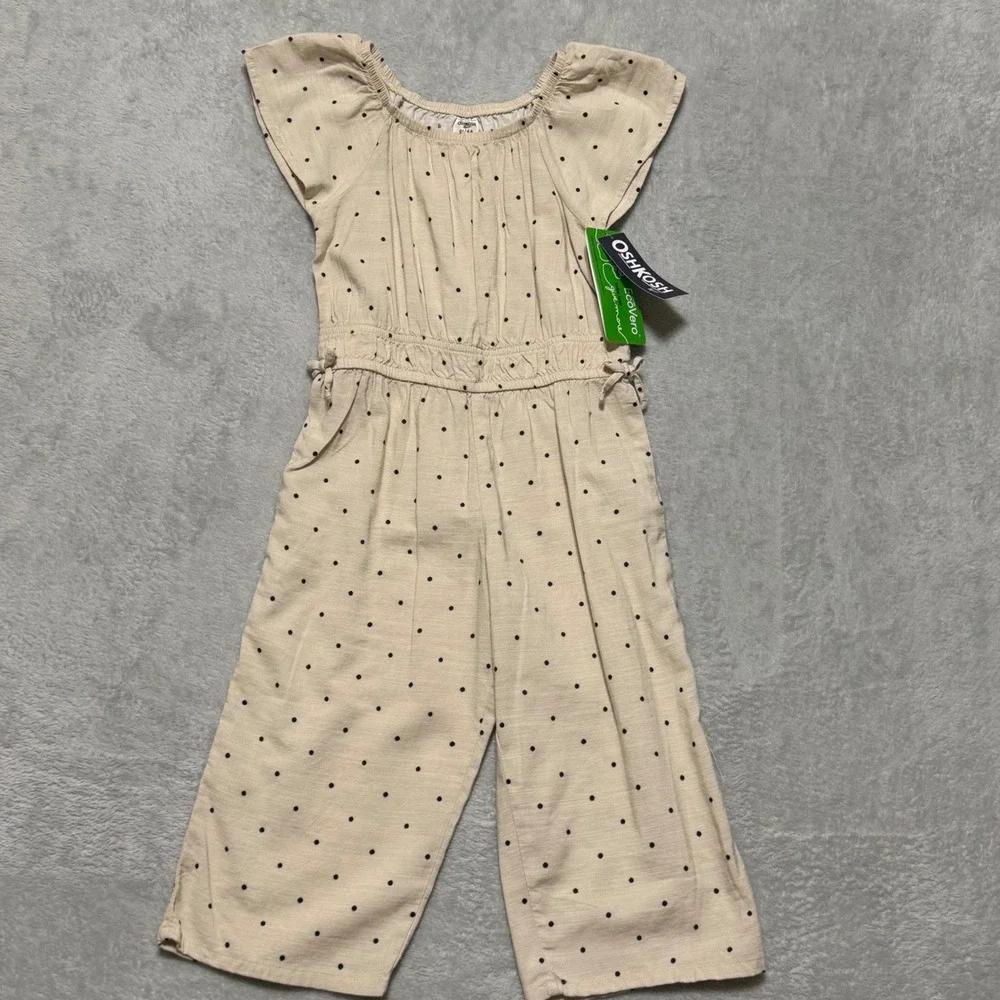 OshKosh B'gosh Jumpsuit Toddler 4T Beige Polka Dot Flutter Sleeve EcoVero Cotton